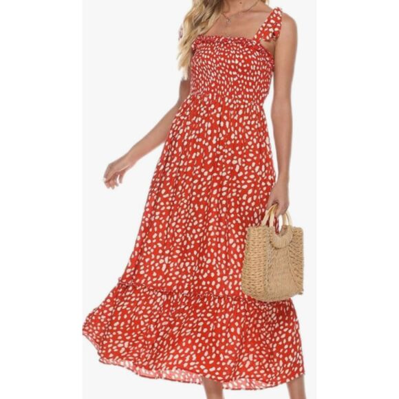 Cheetah Print Strappy Summer Maxi Sundress Women's Size Large Orange Red White - Picture 1 of 5